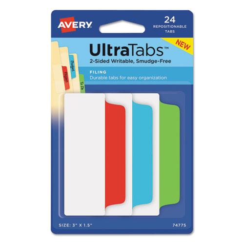 Ultra Tabs Repositionable Tabs, Wide and Slim: 3" x 1.5", 1/3-Cut, Assorted Colors, 24/Pack. Picture 1