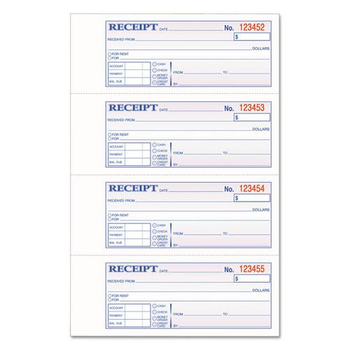 TOPS 3-Part Hardbound Receipt Book, Three-Part Carbonless, 7 x 2.75, 4/Page, 200 Forms. The main picture.