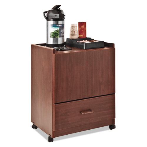 Mobile Deluxe Coffee Bar, Engineered Wood, 2 Shelves, 1 Drawer, 23" x 19" x 30.75", Cherry. Picture 2