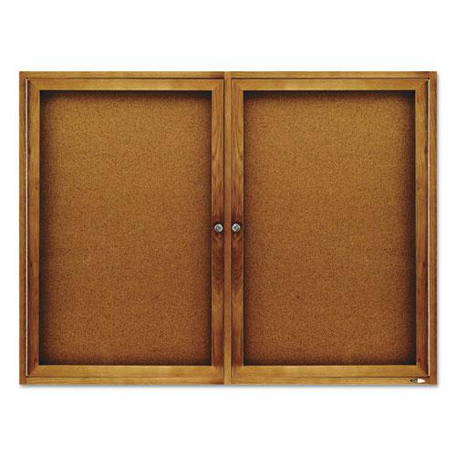 Enclosed Indoor Cork Bulletin Board with Two Hinged Doors, 48 x 36, Tan Surface, Oak Fiberboard Frame. Picture 5
