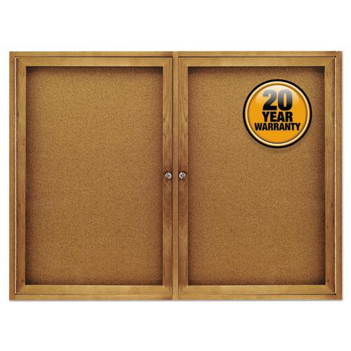 Enclosed Indoor Cork Bulletin Board with Two Hinged Doors, 48 x 36, Tan Surface, Oak Fiberboard Frame. Picture 1