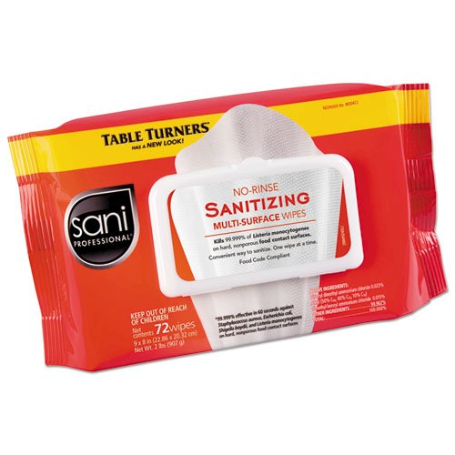 No-Rinse Sanitizing  Multi-Surface Wipes, 9 x 8, Unscented, White, 72 Wipes/Pack, 12 Packs/Carton. Picture 1