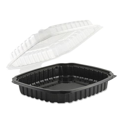 Culinary Basics Microwavable Container, 36 oz, 9 x 9 x 2.5, Clear/Black, Plastic, 100/Carton. Picture 1