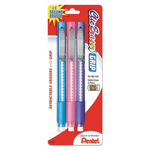 Clic Eraser Grip Eraser, For Pencil Marks, White Eraser, Randomly Assorted Barrel Colors (Three-Colors), 3/Pack. Picture 1