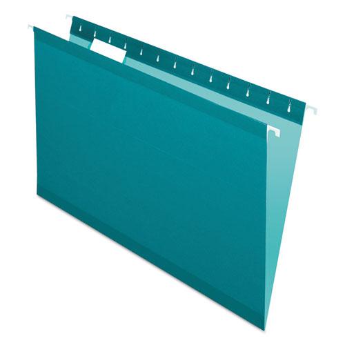 Colored Reinforced Hanging Folders, Legal Size, 1/5-Cut Tabs, Teal, 25/Box. Picture 1