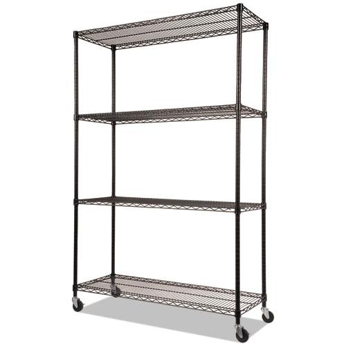 NSF Certified 4-Shelf Wire Shelving Kit with Casters, 48w x 18d x 72h, Black. Picture 1