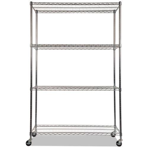 NSF Certified 4-Shelf Wire Shelving Kit with Casters, 48w x 18d x 72h, Silver. Picture 2