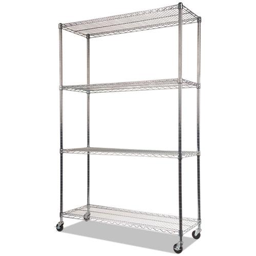 NSF Certified 4-Shelf Wire Shelving Kit with Casters, 48w x 18d x 72h, Silver. Picture 1