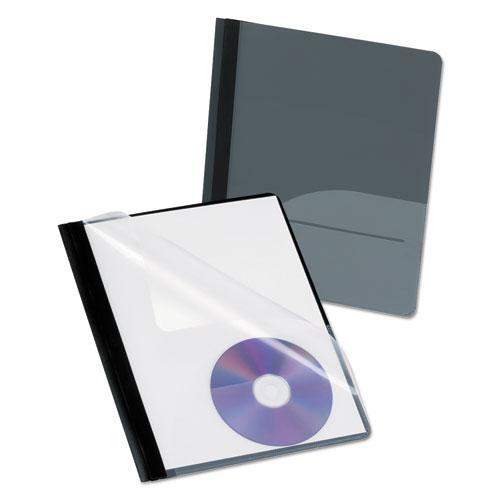 Clear Front Report Cover, CD Pocket, Three-Prong Fastener, 0.5" Capacity, 8.5 x 11, Clear/Onyx, 25/Box. Picture 1