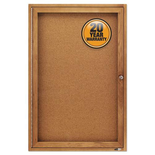 Enclosed Indoor Cork Bulletin Board with One Hinged Door, 24 x 36, Tan Surface, Oak Fiberboard Frame. Picture 1