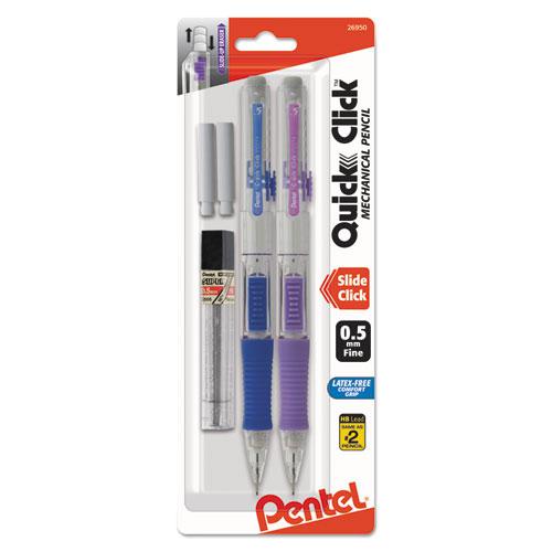 QUICK CLICK Mechanical Pencils with Tube of Lead/Erasers, 0.5 mm, HB (#2), Black Lead, Assorted Barrel Colors, 2/Pack. Picture 1
