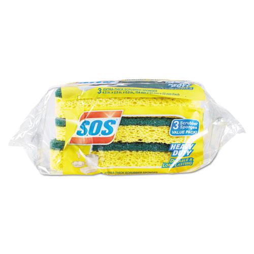 Heavy Duty Scrubber Sponge, 2.5 x 4.5, 0.9" Thick, Yellow/Green, 3/Pack, 8 Packs/Carton. Picture 2