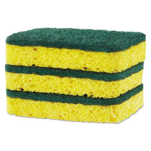 Heavy Duty Scrubber Sponge, 2.5 x 4.5, 0.9" Thick, Yellow/Green, 3/Pack, 8 Packs/Carton. Picture 7