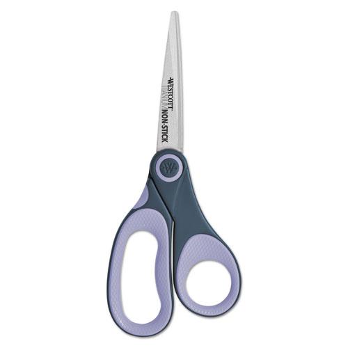 Non-Stick Titanium Bonded Scissors, 8" Long, 3.25" Cut Length, Gray/Purple Straight Handle. Picture 2
