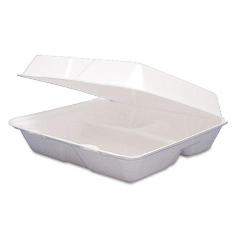 Foam Hinged Lid Containers, 3-Compartment, 9.25 x 9.5 x 3, White, 200/Carton. Picture 4