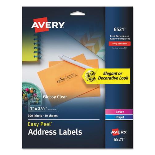 Glossy Clear Easy Peel Mailing Labels w/ Sure Feed Technology, Inkjet/Laser Printers, 1 x 2.63, 30/Sheet, 10 Sheets/Pack. Picture 1