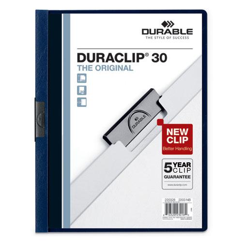 Vinyl DuraClip Report Cover w/Clip, Letter, Holds 30 Pages, Clear/Navy, 25/Box. The main picture.