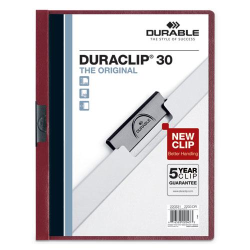 Vinyl DuraClip Report Cover w/Clip, Letter, Holds 30 Pages, Clear/Maroon, 25/Box. Picture 1