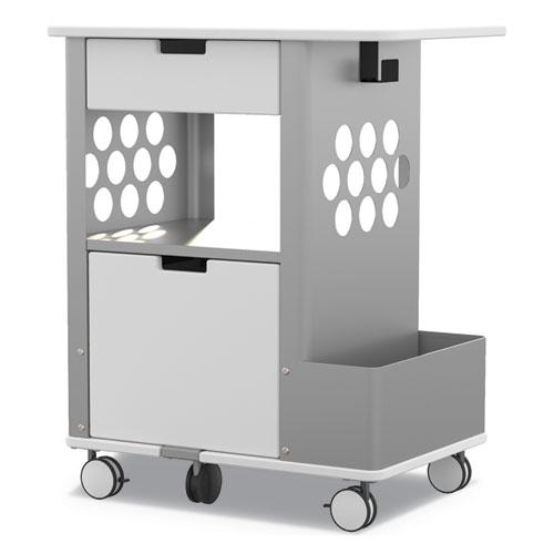 Mobile Storage Cart, Metal, 2 Shelves, 2 Drawers, 1 Bin, 150 lb Capacity, 28" x 20" x 33.5", White. Picture 1