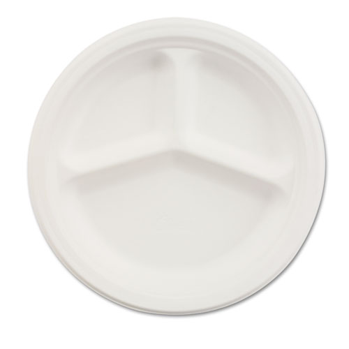 Paper Dinnerware, 3-Compartment Plate, 10.25" dia, White, 500/Carton. Picture 1