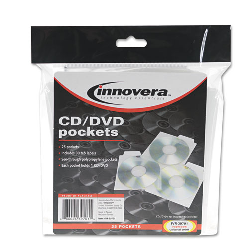 CD/DVD Pockets, 1 Disc Capacity, Clear, 25/Pack. Picture 1