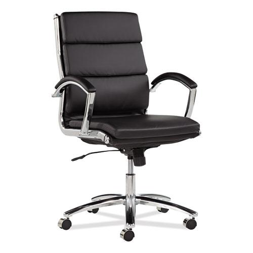 Alera Neratoli Mid-Back Slim Profile Chair, Faux Leather, Supports Up to 275 lb, Black Seat/Back, Chrome Base. Picture 1