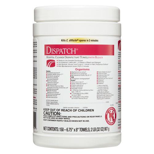 Dispatch Cleaner Disinfectant Towels, 1-Ply, 6.75 x 8, Unscented, White, 150/Canister, 8 Canisters/Carton. Picture 3