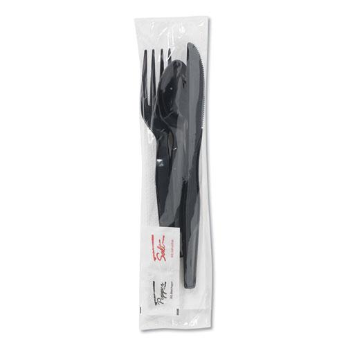 Wrapped Tableware/Napkin Packets, Fork/Knife/Spoon/Napkin, Black, 250/Carton. Picture 1