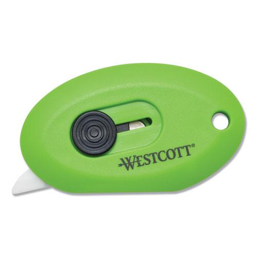 Compact Safety Ceramic Blade Box Cutter, Retractable Blade, 0.5" Blade, 2.5" Plastic Handle, Green. Picture 1