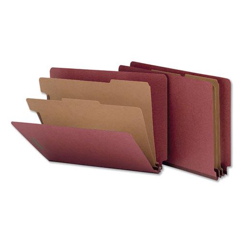 Red Pressboard End Tab Classification Folders, 2" Expansion, 2 Dividers, 6 Fasteners, Letter Size, Red Exterior, 10/Box. Picture 5