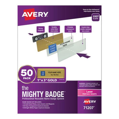 The Mighty Badge Name Badge Holder Kit, Horizontal, 3 x 1, Laser, Gold, 50 Holders/120 Inserts. Picture 1