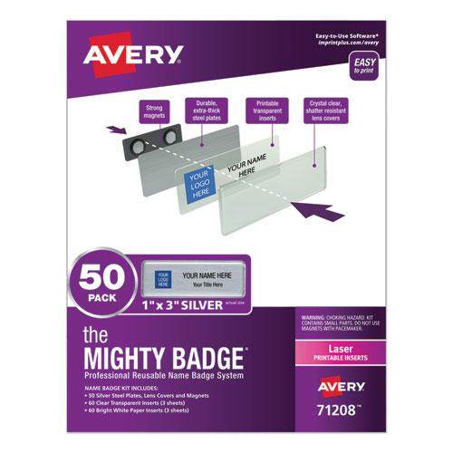 The Mighty Badge Name Badge Holder Kit, Horizontal, 3 x 1, Laser, Silver, 50 Holders/120 Inserts. Picture 1