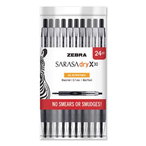 Sarasa Dry Gel X30 Gel Pen, Retractable, Medium 0.7 mm, Black Ink, Black/Silver Barrel, 24/Pack. Picture 2