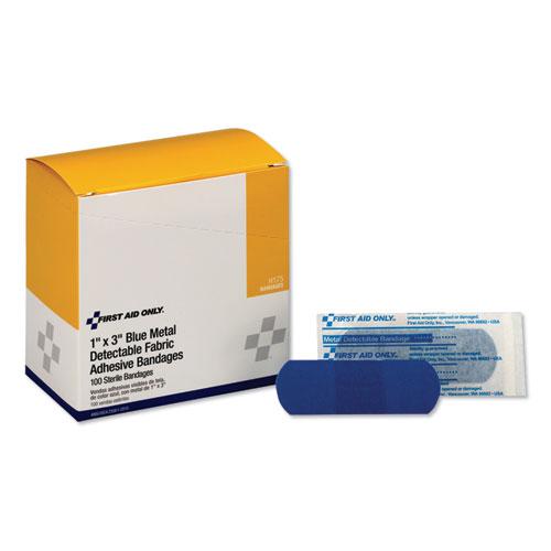 Adhesive Blue Metal Detectable Bandages, 1 x 3, Plastic with Foil, 100/Box, 12 Boxes/Carton. Picture 1