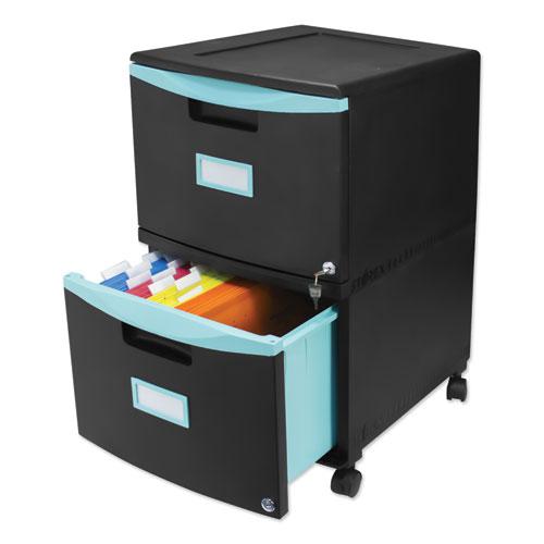 Two-Drawer Mobile Filing Cabinet, 2 Legal/Letter-Size File Drawers, Black/Teal, 14.75" x 18.25" x 26". Picture 7