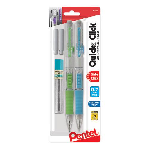 QUICK CLICK Mechanical Pencils with Tube of Lead/Erasers, 0.7 mm, HB (#2), Black Lead, Assorted Barrel Colors, 2/Pack. Picture 1