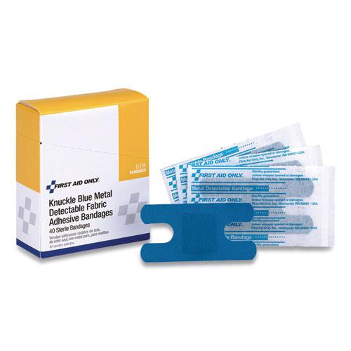 Blue Metal Detectable Fabric Adhesive Bandages, Four-Wing Knuckle, 1.5 x 3, 40/Box. Picture 1
