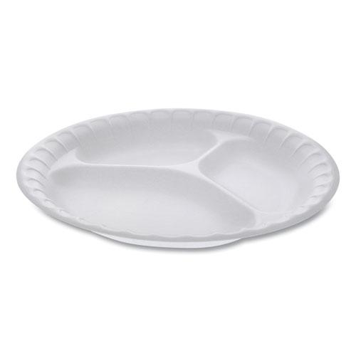 Placesetter Satin Non-Laminated Foam Dinnerware, 3-Compartment Plate, 9" dia, White, 500/Carton. Picture 1