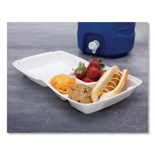Foam Hinged Lid Containers, 3-Compartment, 8.38 x 7.78 x 3.25, 200/Carton. Picture 4