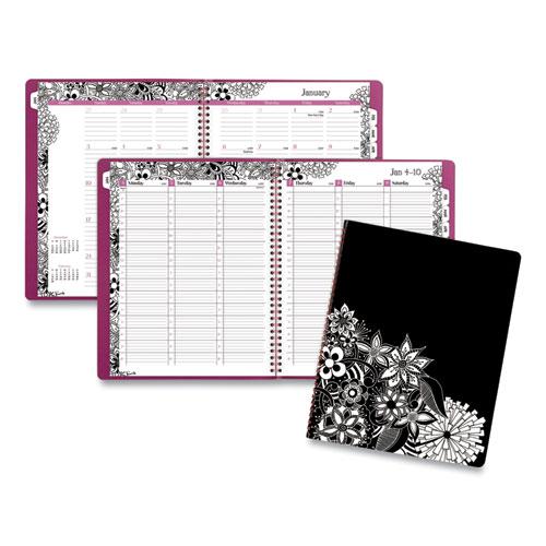 Floradoodle Weekly/Monthly Professional Planner, Adult Coloring Artwork, 11 x 8.5, Black/White Cover, 12-Month (Jan-Dec):2024. Picture 1