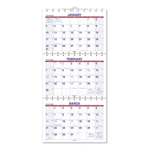 Move-A-Page Three-Month Wall Calendar, 12 x 27, White/Red/Blue Sheets, 15-Month (Dec to Feb): 2023 to 2025. Picture 1