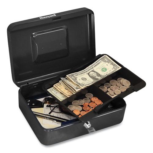 Cash Management Box, Removable Cash Tray, 7.9 x 6.5 x 3.5, Steel, Black. Picture 1