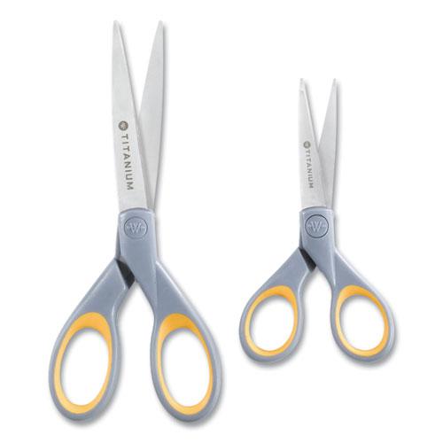 Titanium Bonded Scissors, 5" and 7" Long, 2.25" and 3.5" Cut Lengths, Gray/Yellow Straight Handles, 2/Pack. Picture 5