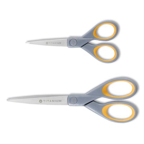 Titanium Bonded Scissors, 5" and 7" Long, 2.25" and 3.5" Cut Lengths, Gray/Yellow Straight Handles, 2/Pack. Picture 1