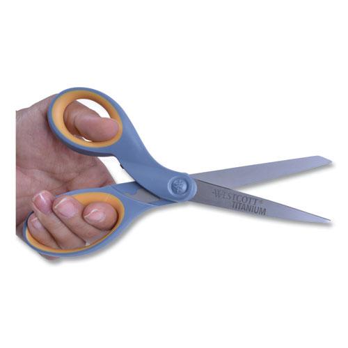 Titanium Bonded Scissors, 8" Long, 3.5" Cut Length, Gray/Yellow Straight Handle. Picture 4