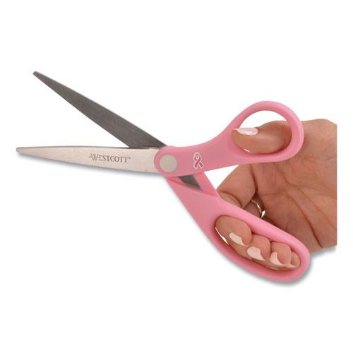 All Purpose Pink Ribbon Scissors, 8" Long, 3.5" Cut Length, Pink Straight Handle. Picture 3