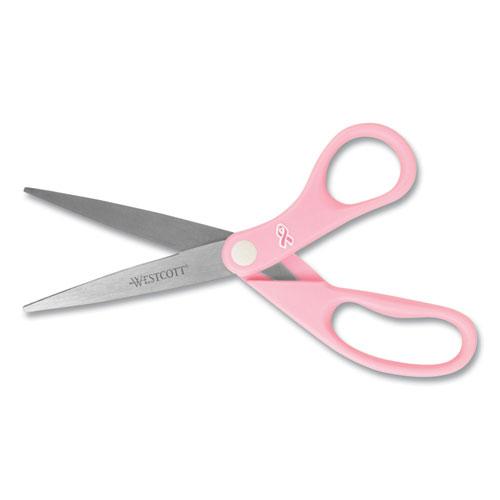 All Purpose Pink Ribbon Scissors, 8" Long, 3.5" Cut Length, Pink Straight Handle. Picture 4