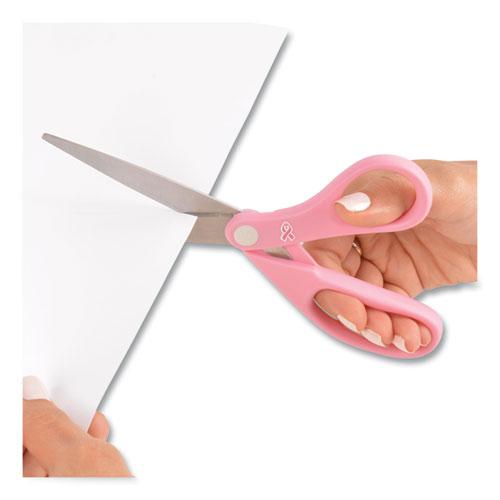 All Purpose Pink Ribbon Scissors, 8" Long, 3.5" Cut Length, Pink Straight Handle. Picture 2