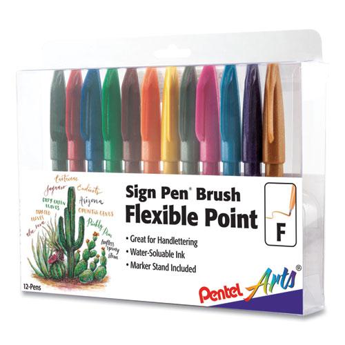 Sign Pen Brush Flexible Point Marker Pen, Fine Brush Tip, Assorted Colors, Dozen. The main picture.