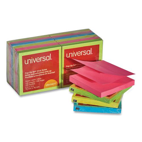 Fan-Folded Self-Stick Pop-Up Note Pads, 3" x 3", Assorted Neon Colors, 100 Sheets/Pad, 12 Pads/Pack. The main picture.